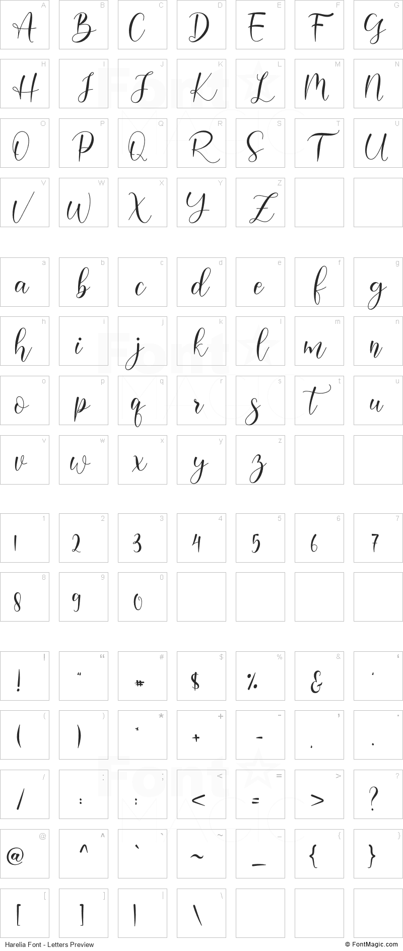 Harelia Font - All Latters Preview Chart
