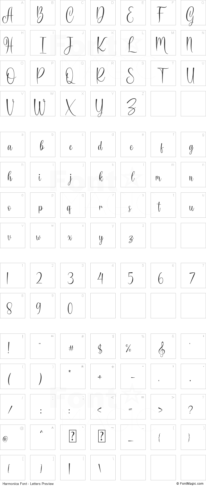 Harmonica Font - All Latters Preview Chart
