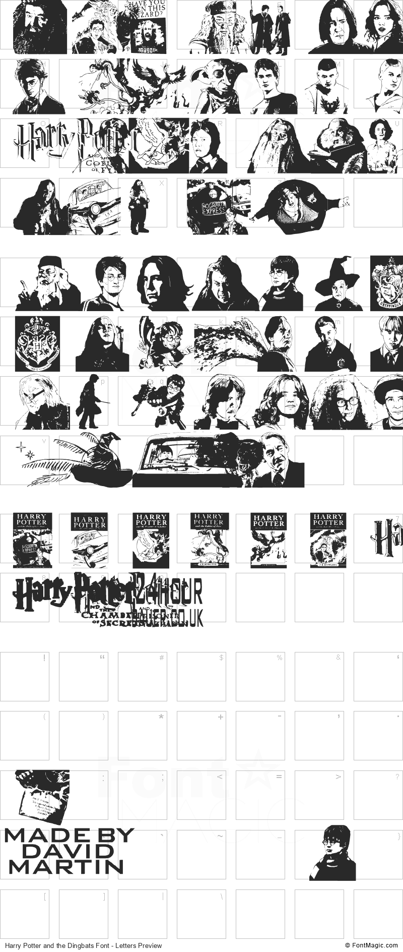 Harry Potter and the Dingbats Font - All Latters Preview Chart