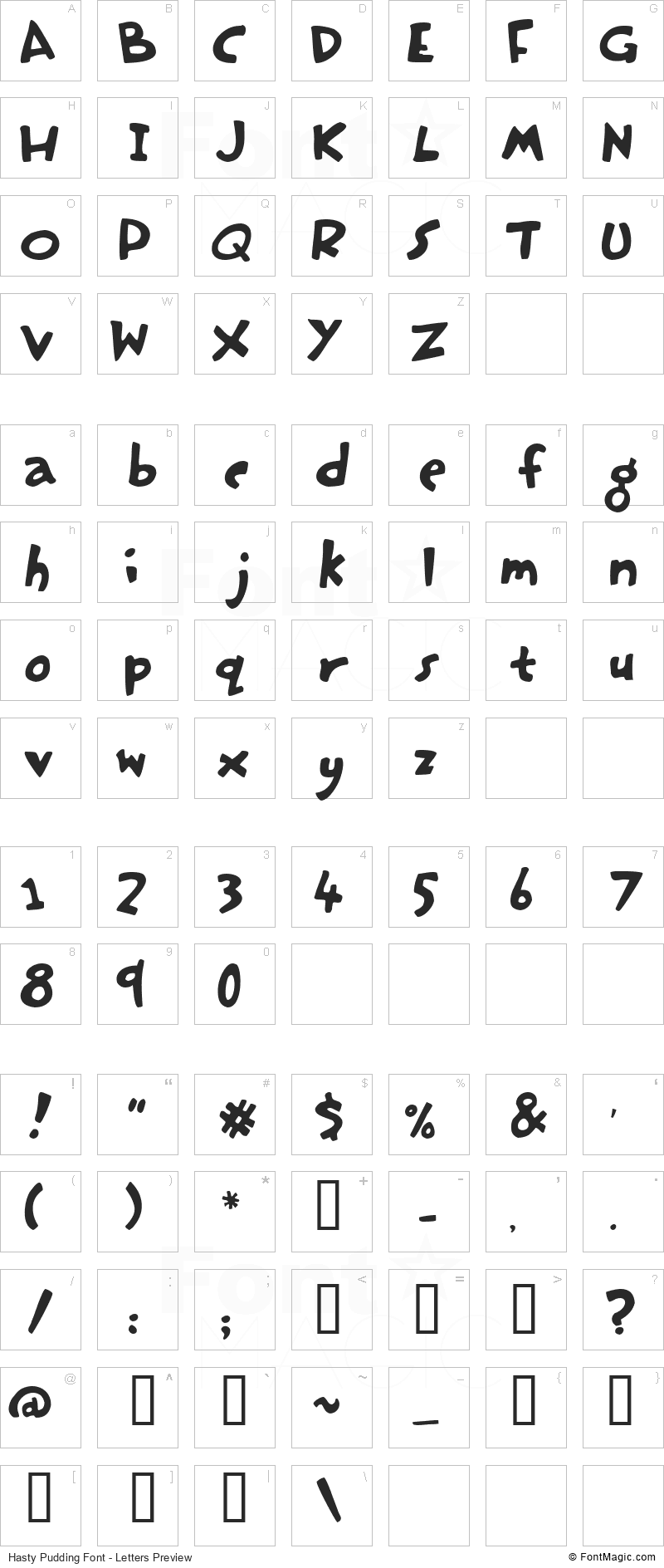 Hasty Pudding Font - All Latters Preview Chart