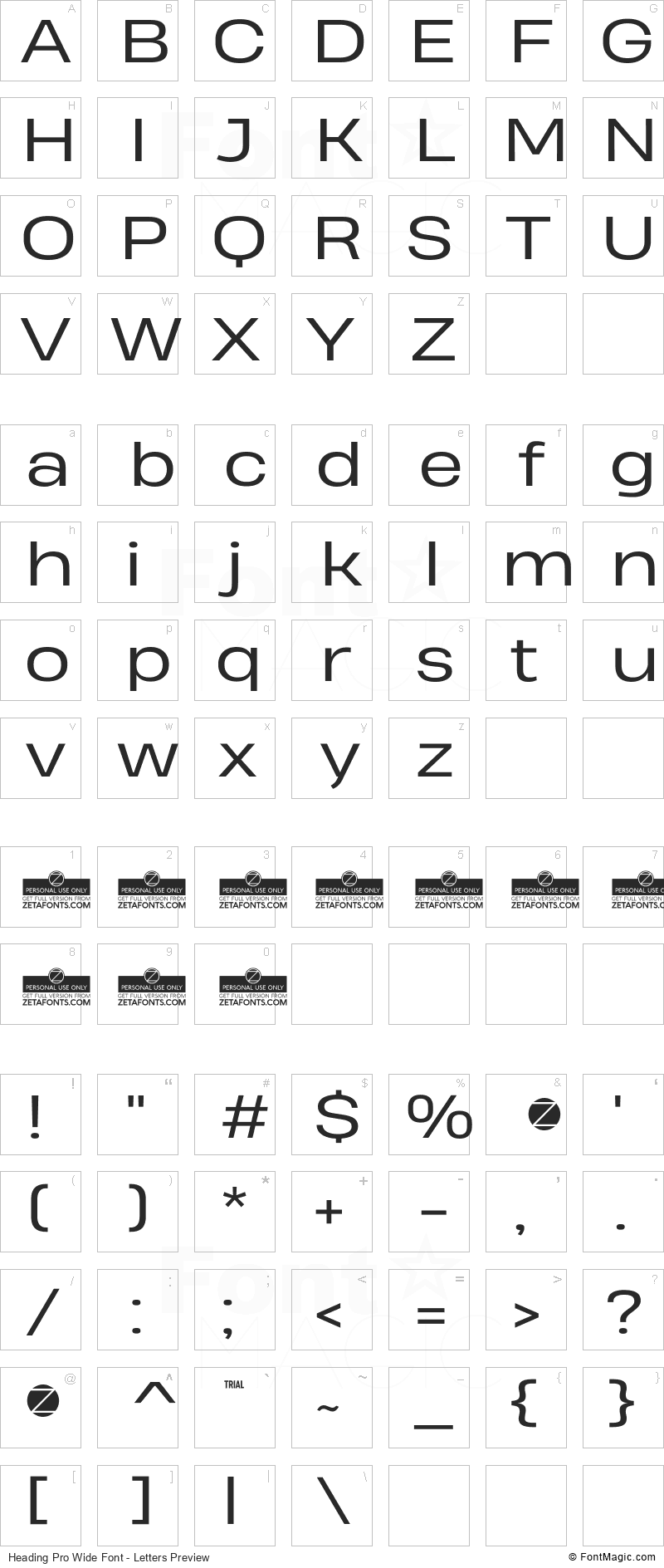 Heading Pro Wide Font - All Latters Preview Chart