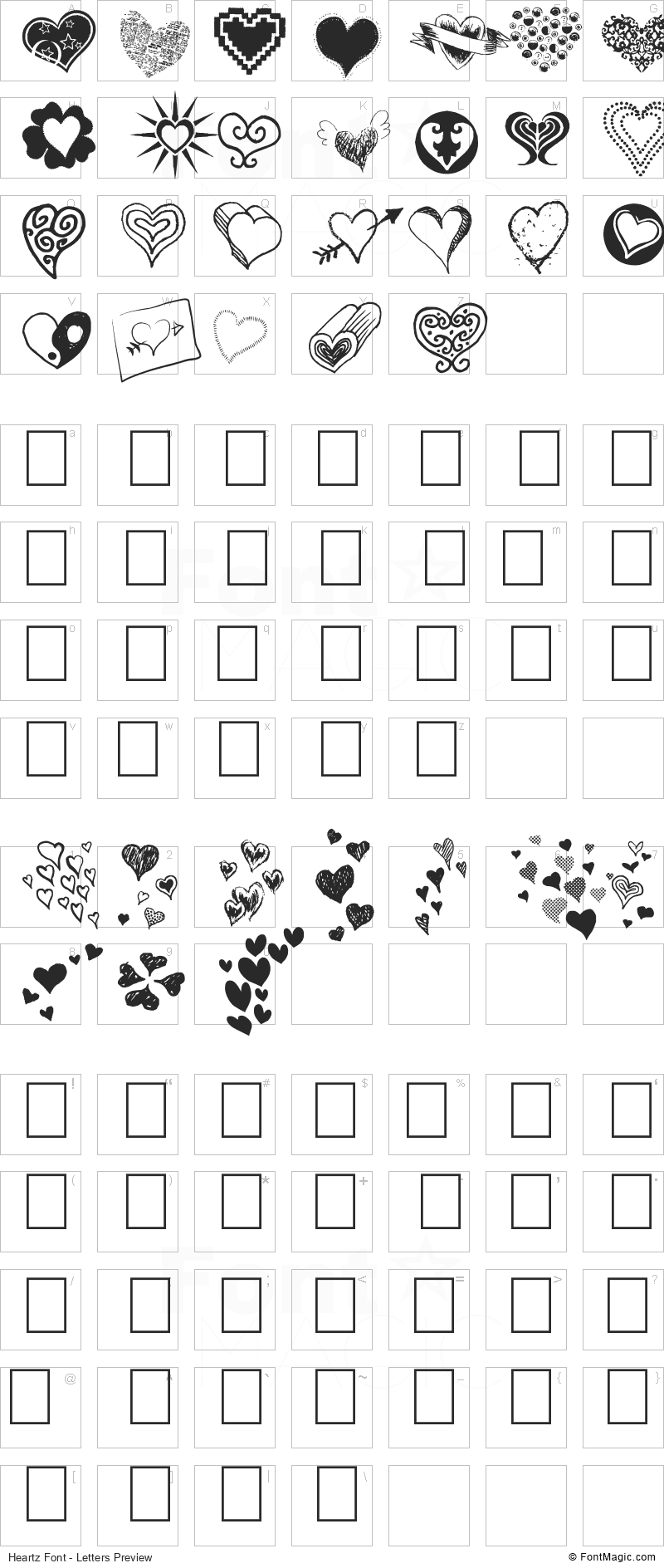 Heartz Font - All Latters Preview Chart