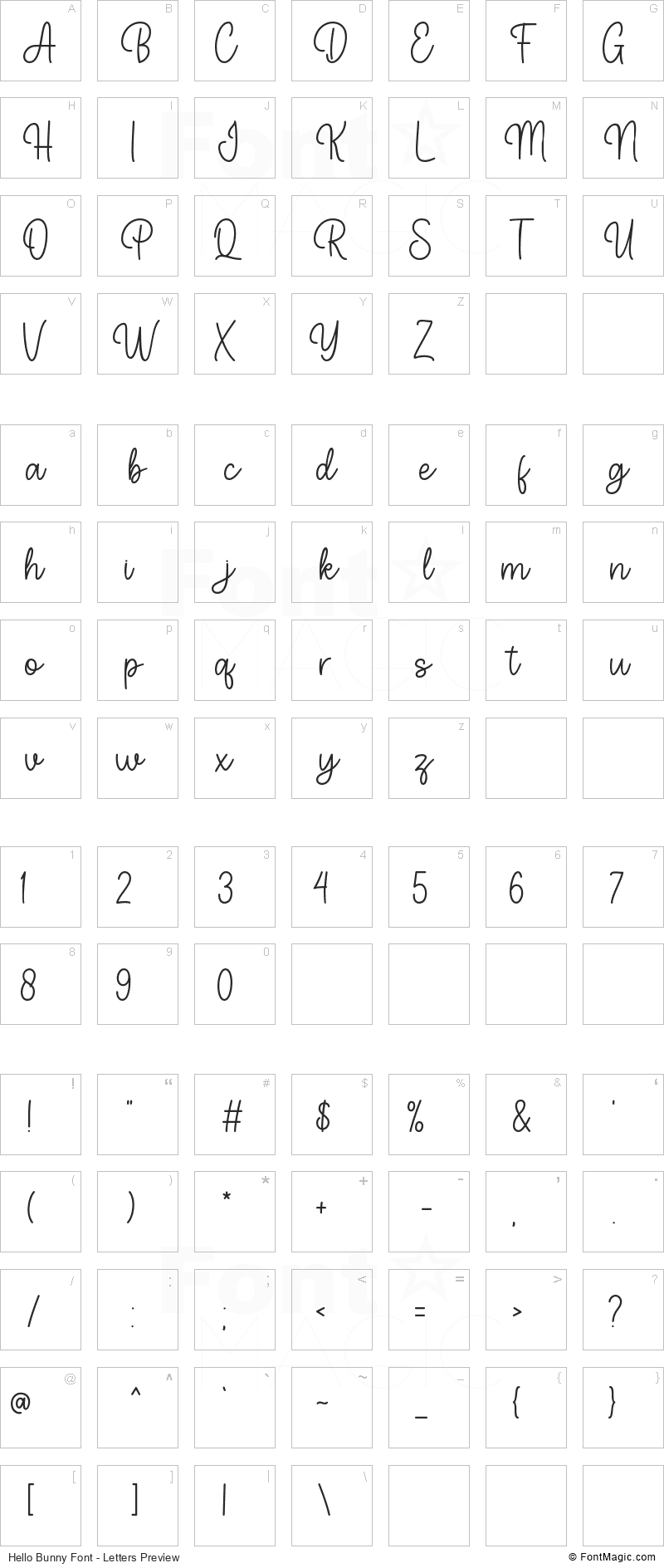 Hello Bunny Font - All Latters Preview Chart