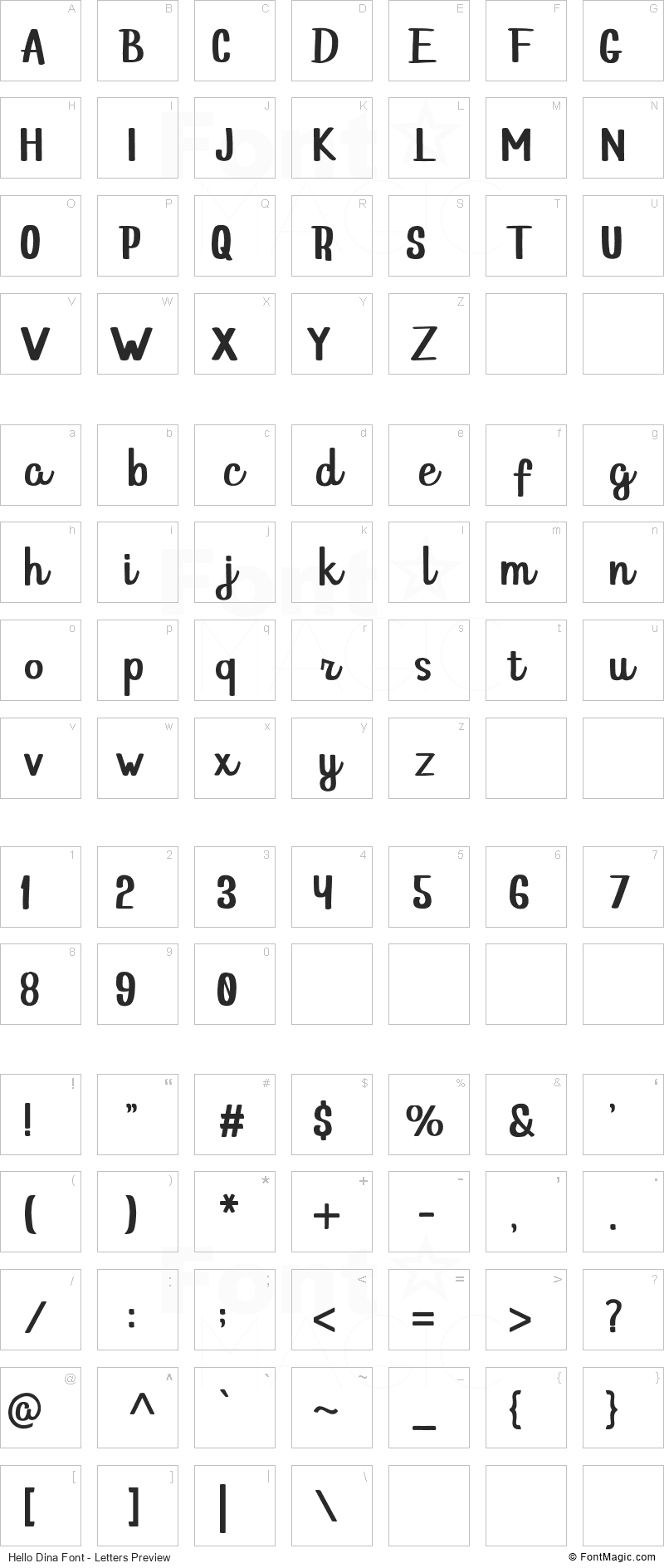 Hello Dina Font - All Latters Preview Chart