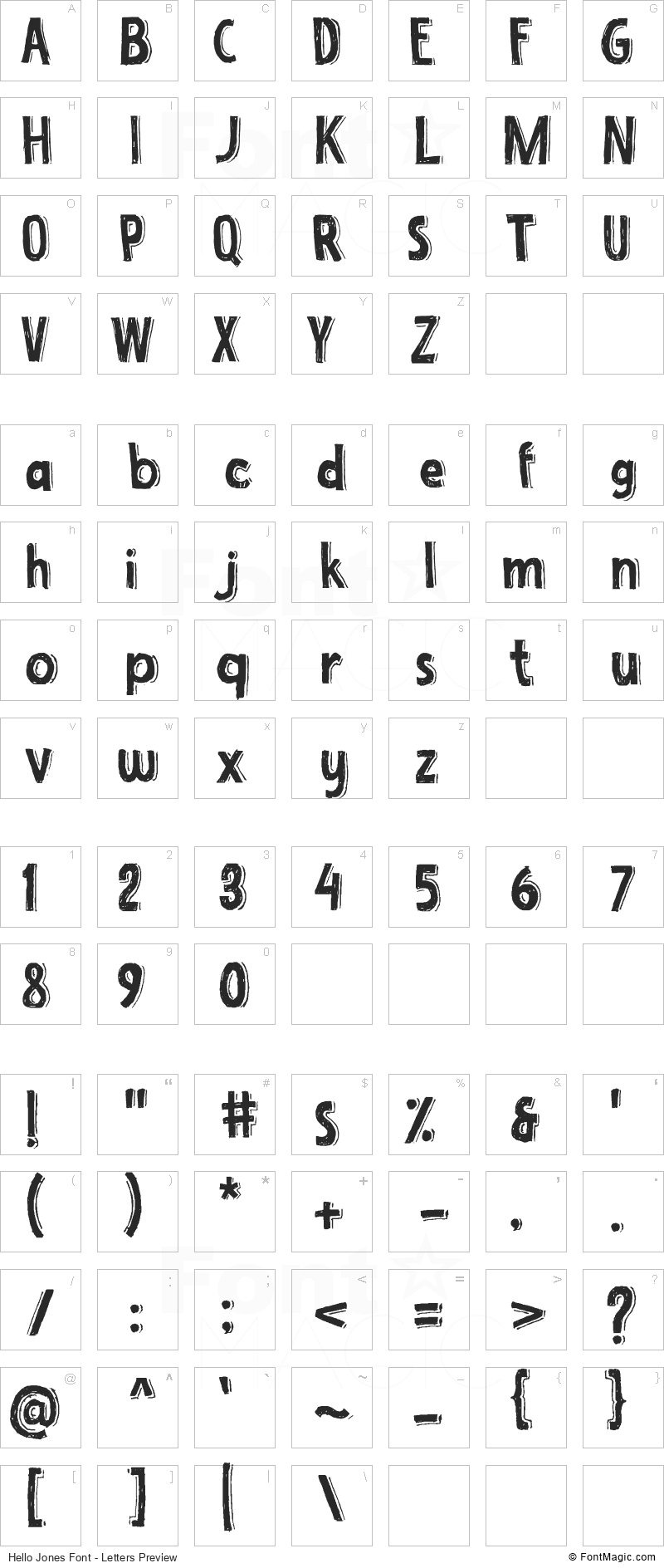 Hello Jones Font - All Latters Preview Chart