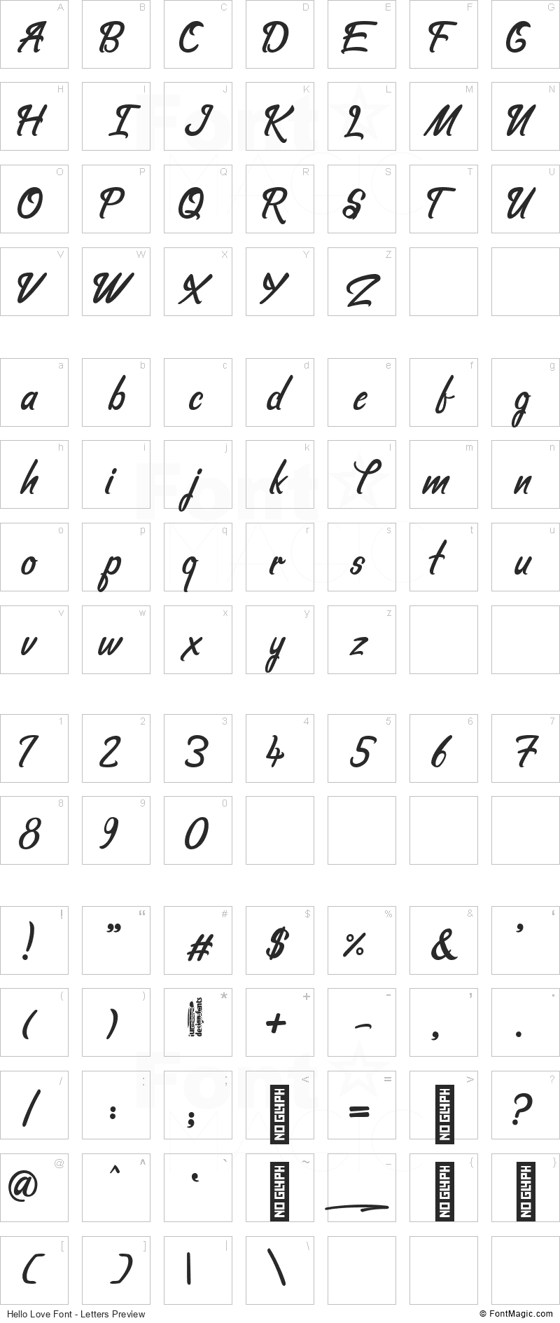 Hello Love Font - All Latters Preview Chart