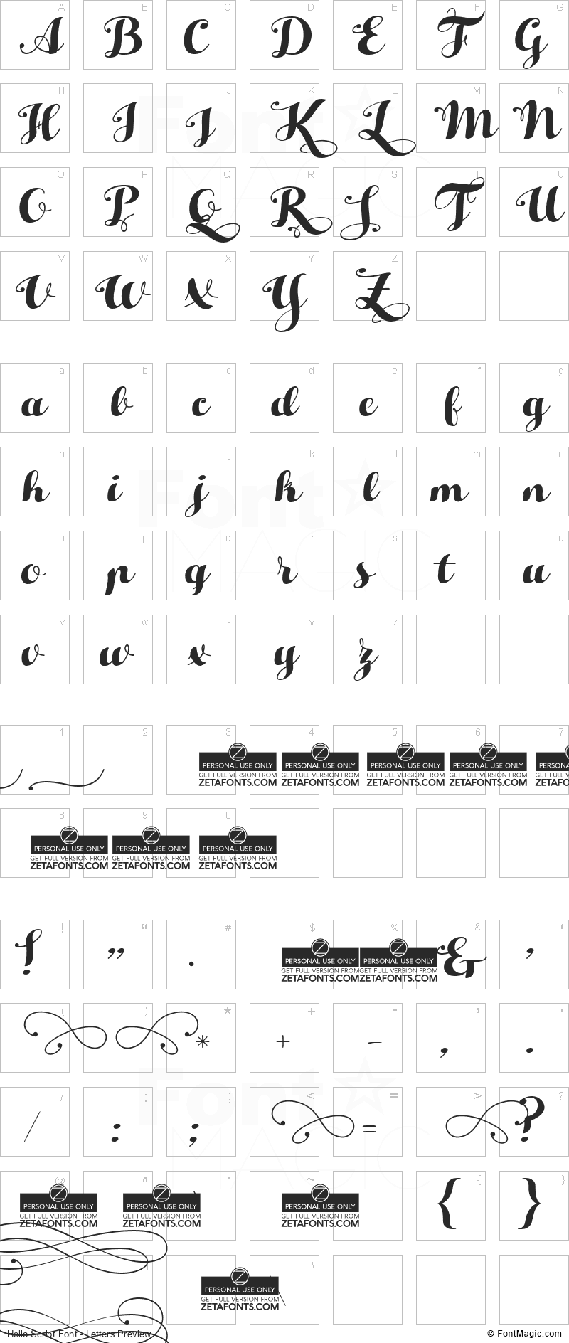 Hello Script Font - All Latters Preview Chart