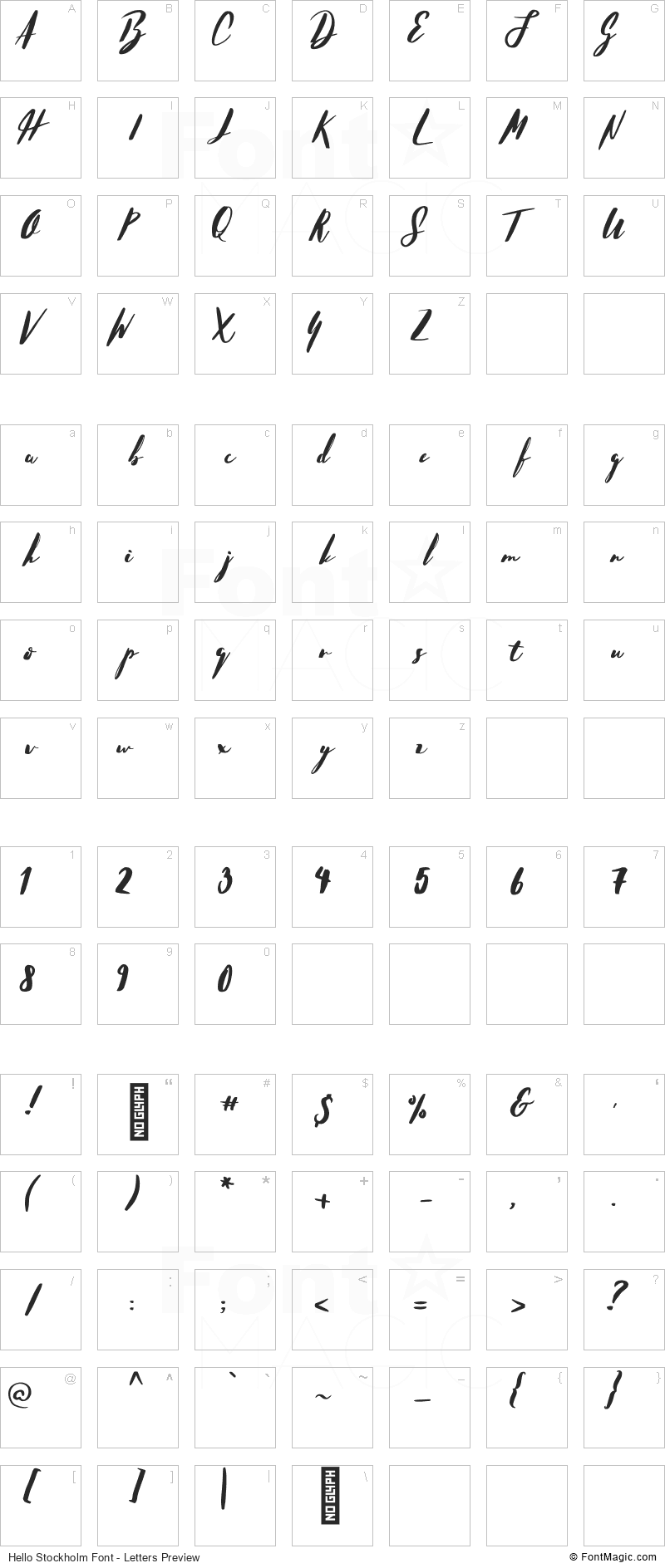 Hello Stockholm Font - All Latters Preview Chart