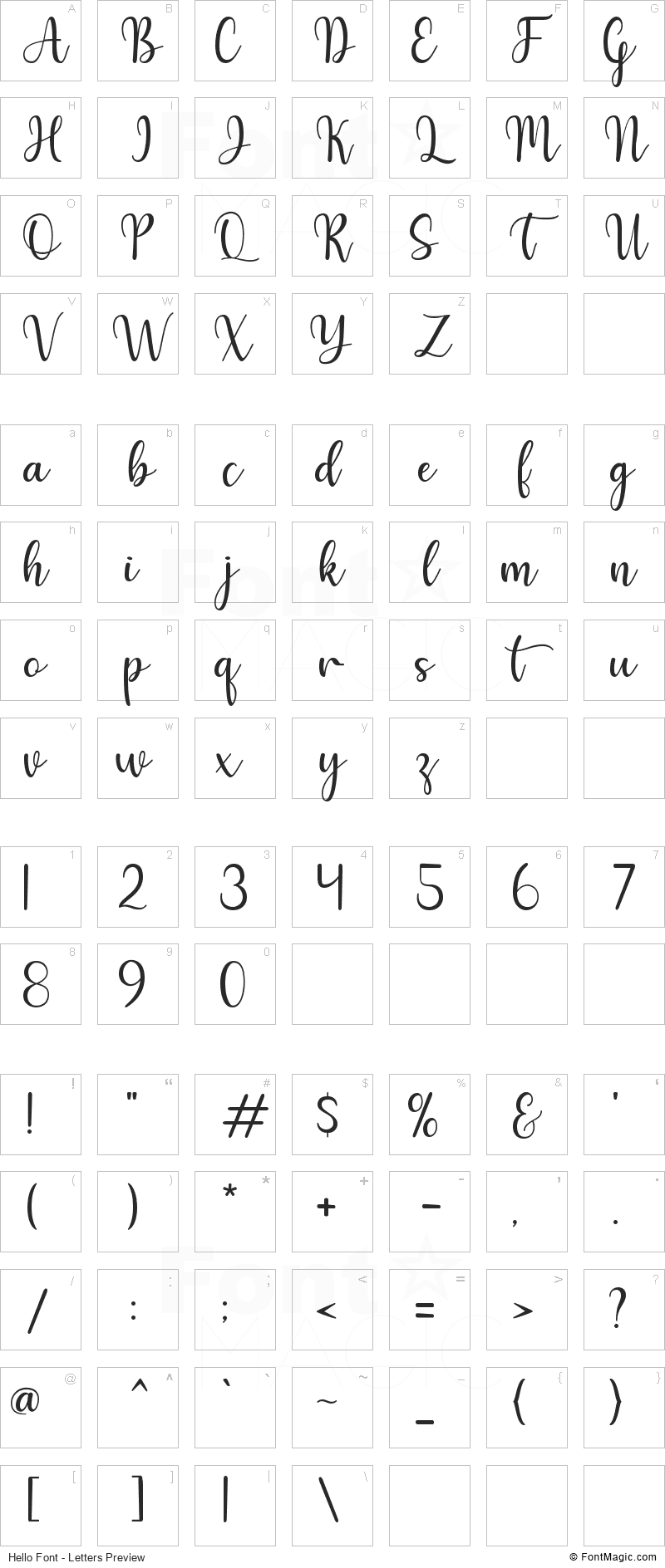Hello Font - All Latters Preview Chart