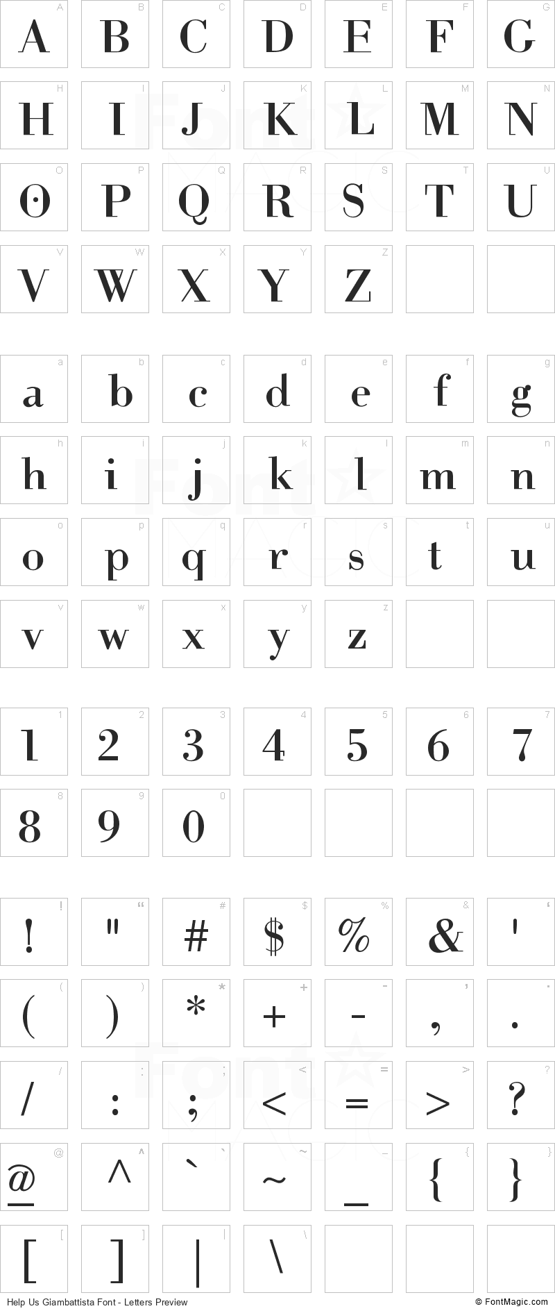 Help Us Giambattista Font - All Latters Preview Chart