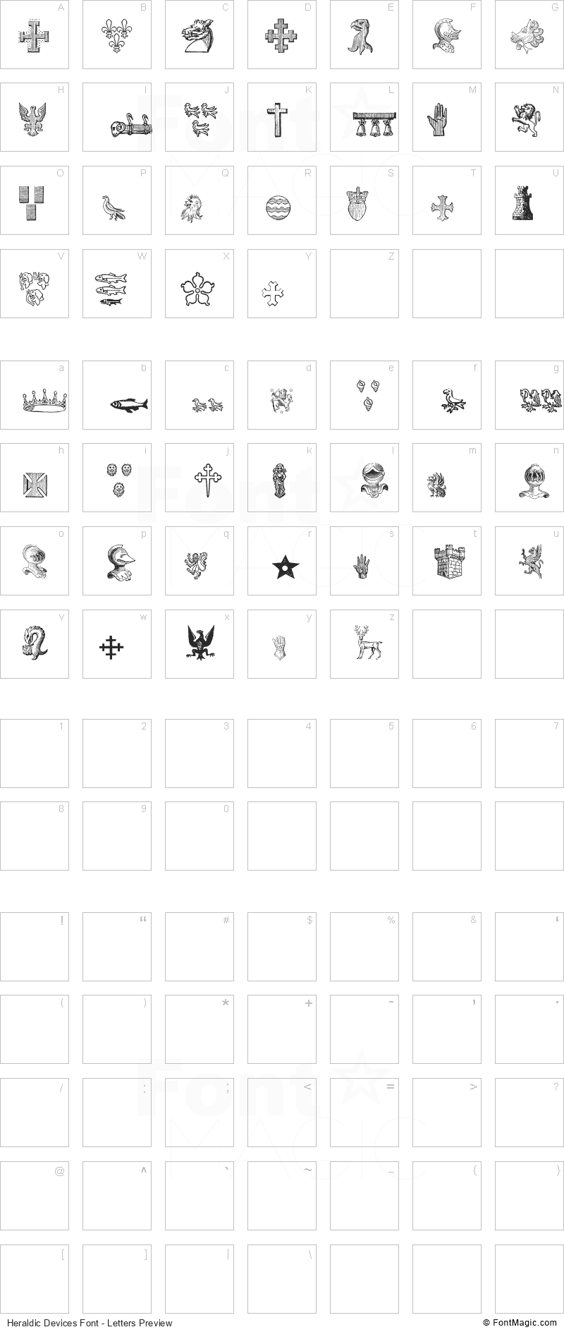 Heraldic Devices Font - All Latters Preview Chart