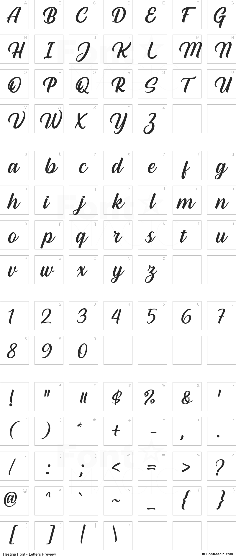 Hestina Font - All Latters Preview Chart