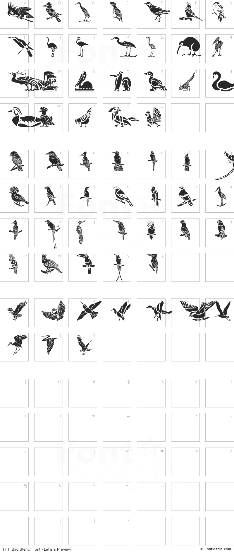 HFF Bird Stencil Font - All Latters Preview Chart