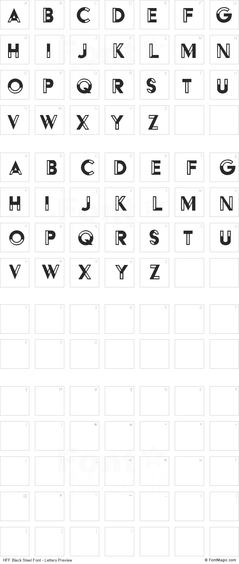 HFF Black Steel Font - All Latters Preview Chart