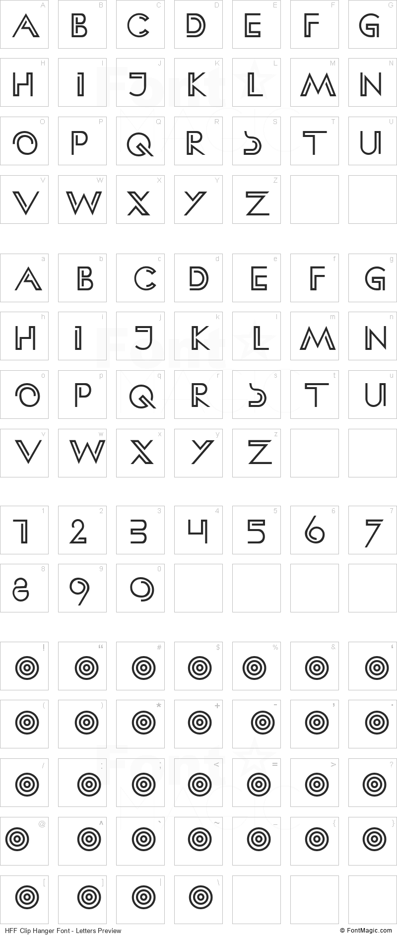 HFF Clip Hanger Font - All Latters Preview Chart