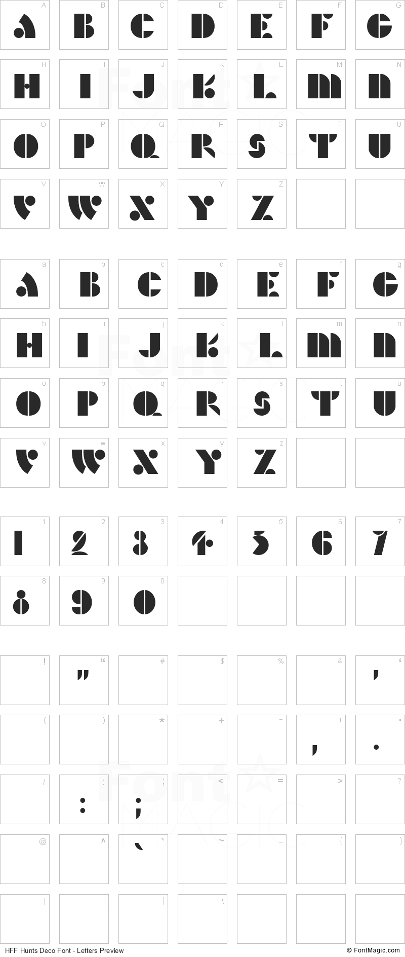 HFF Hunts Deco Font - All Latters Preview Chart