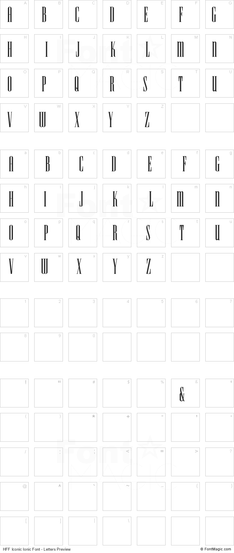 HFF Iconic Ionic Font - All Latters Preview Chart