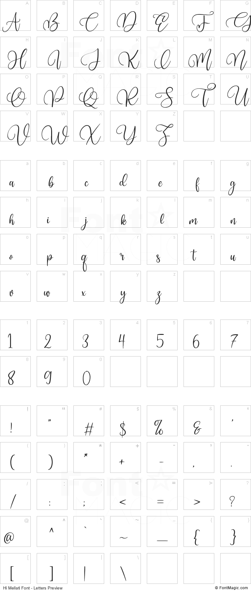 Hi Mellati Font - All Latters Preview Chart
