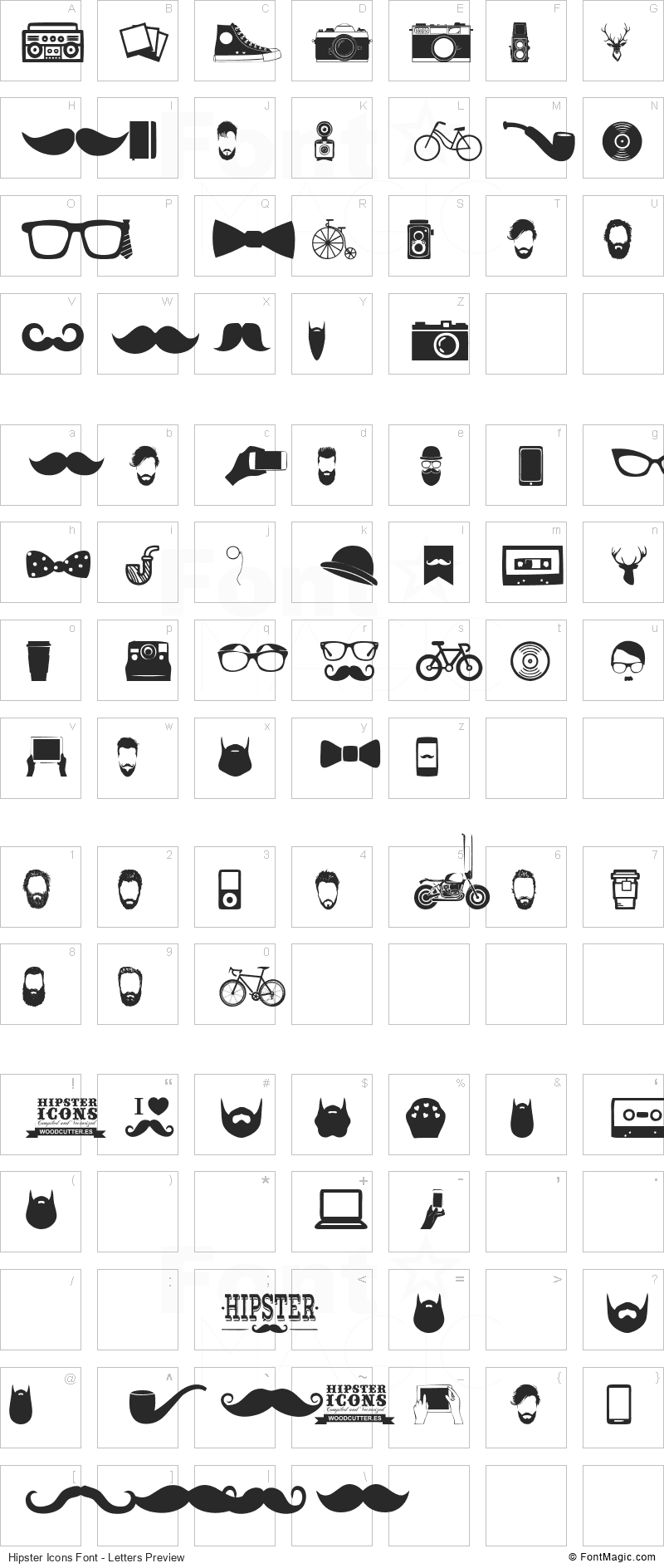 Hipster Icons Font - All Latters Preview Chart