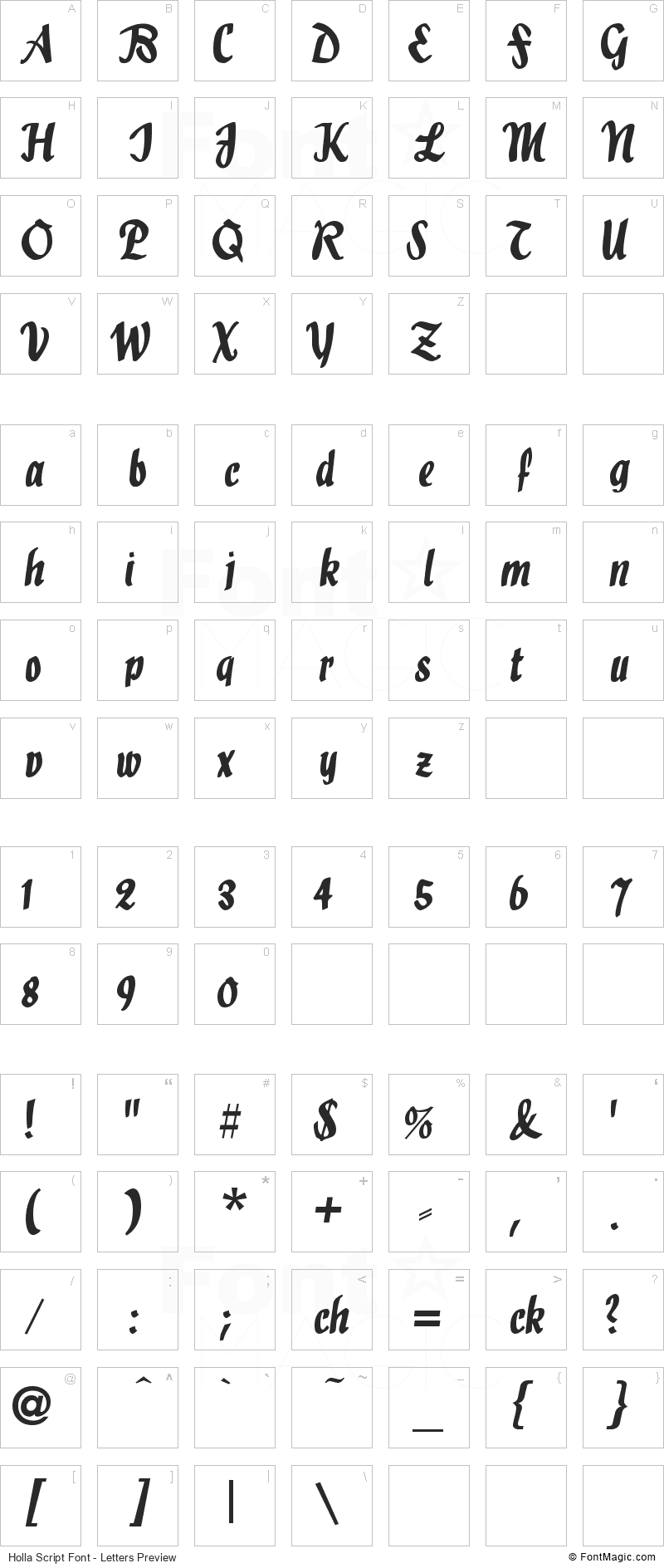 Holla Script Font - All Latters Preview Chart