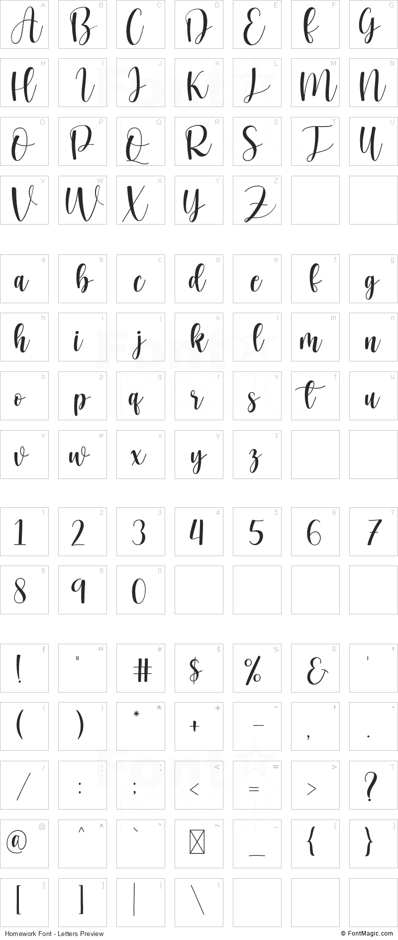 Homework Font - All Latters Preview Chart