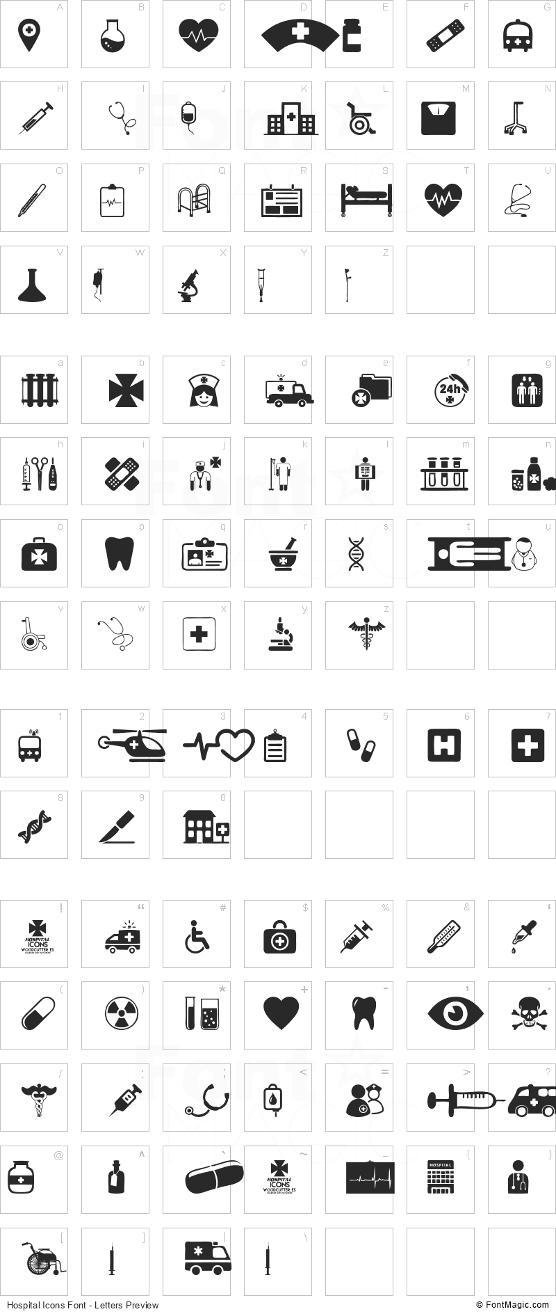 Hospital Icons Font - All Latters Preview Chart