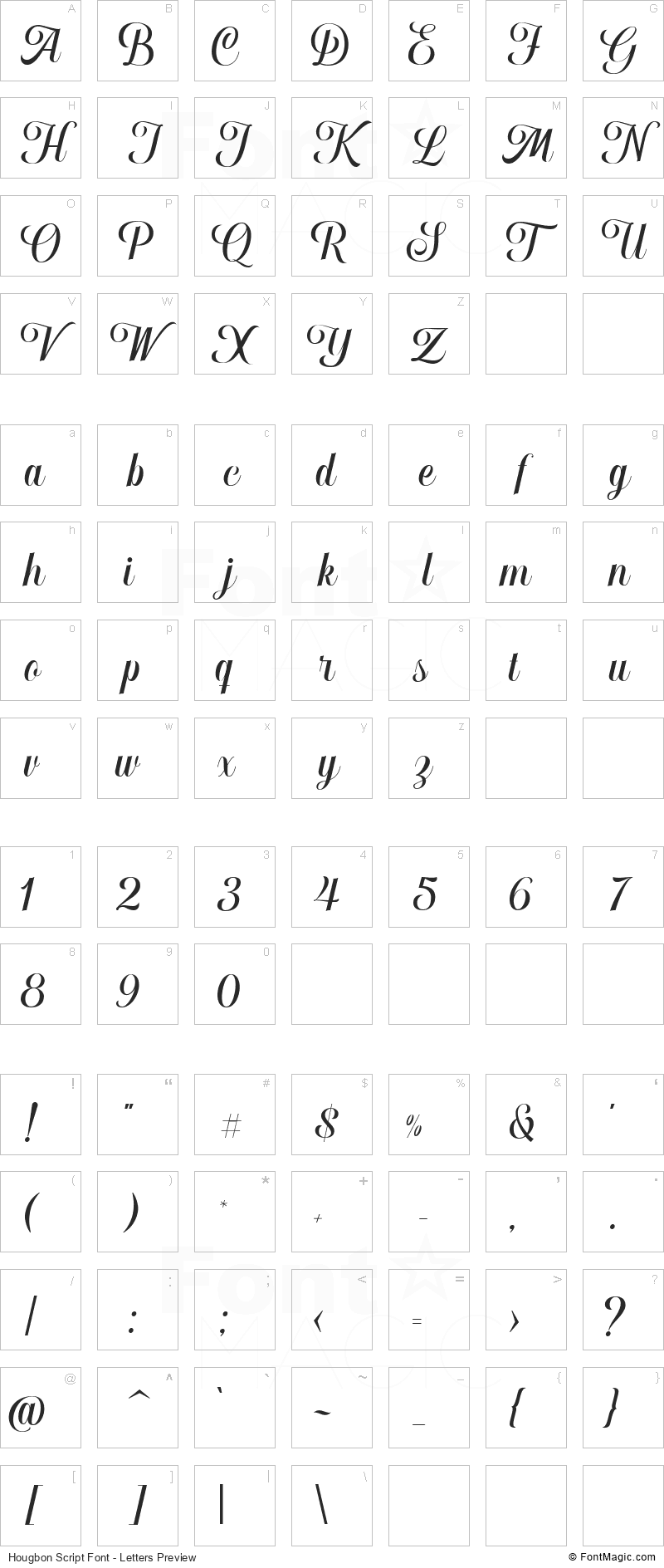 Hougbon Script Font - All Latters Preview Chart
