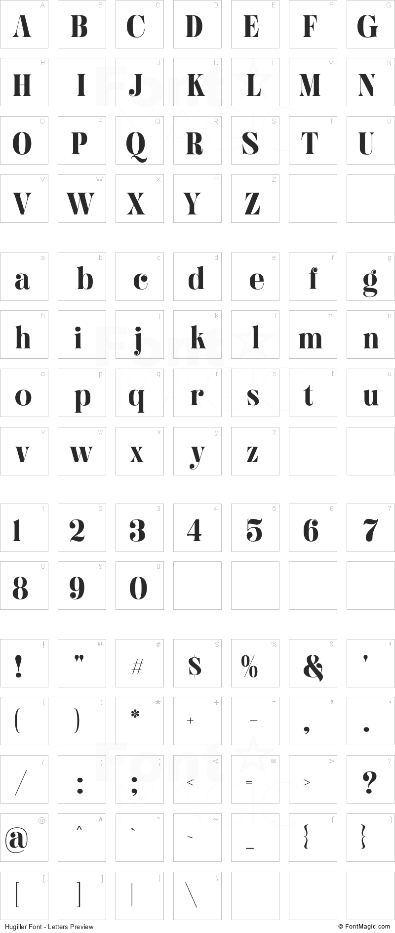Hugiller Font - All Latters Preview Chart