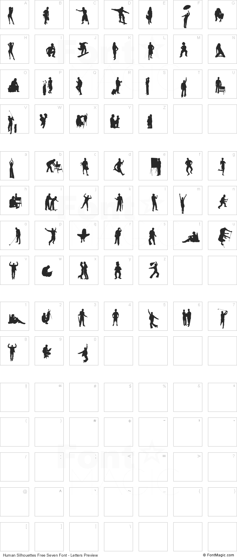 Human Silhouettes Free Seven Font - All Latters Preview Chart