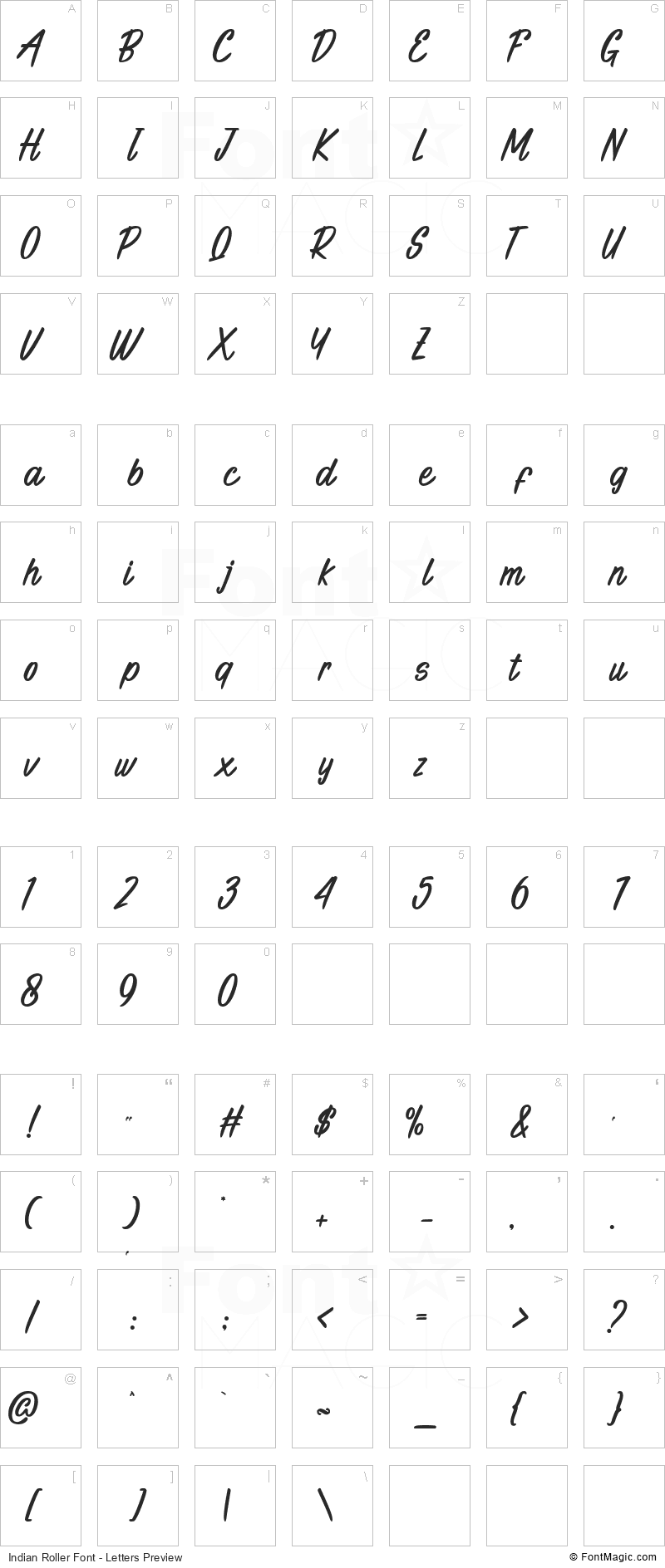 Indian Roller Font - All Latters Preview Chart