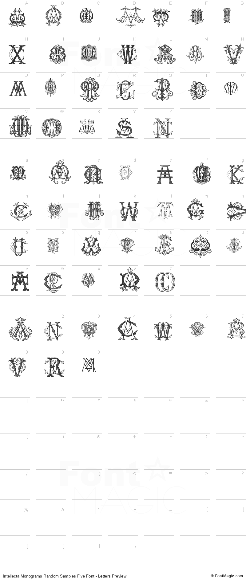 Intellecta Monograms Random Samples Five Font - All Latters Preview Chart