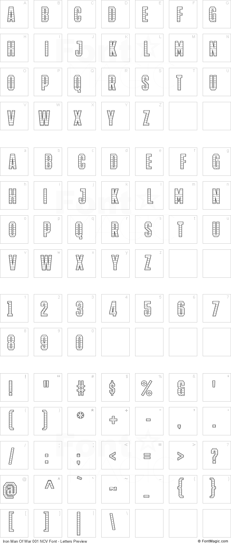 Iron Man Of War 001 NCV Font - All Latters Preview Chart