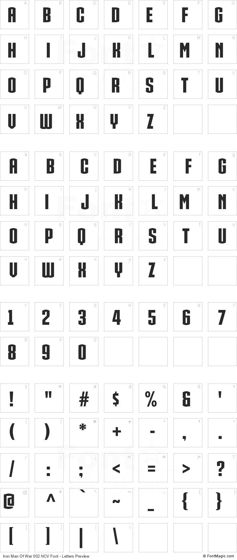Iron Man Of War 002 NCV Font - All Latters Preview Chart