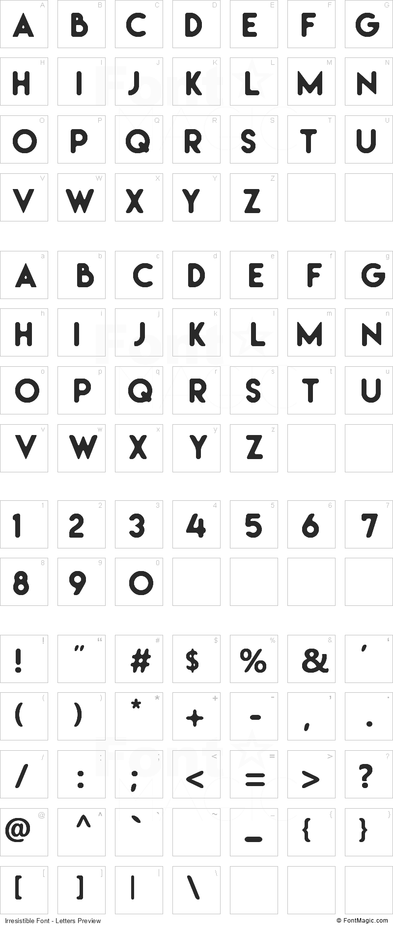 Irresistible Font - All Latters Preview Chart