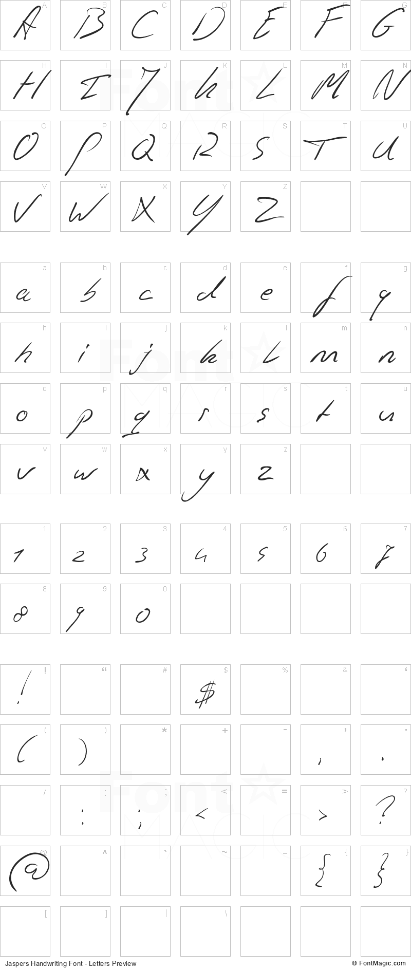 Jaspers Handwriting Font - All Latters Preview Chart