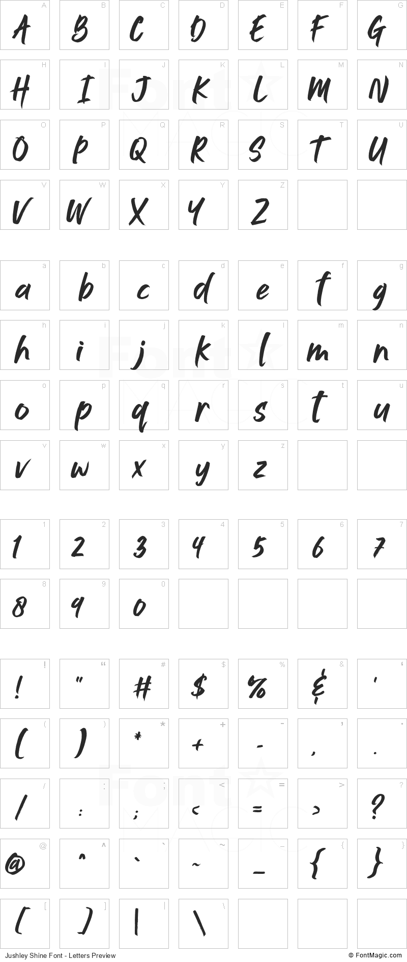 Jushley Shine Font - All Latters Preview Chart