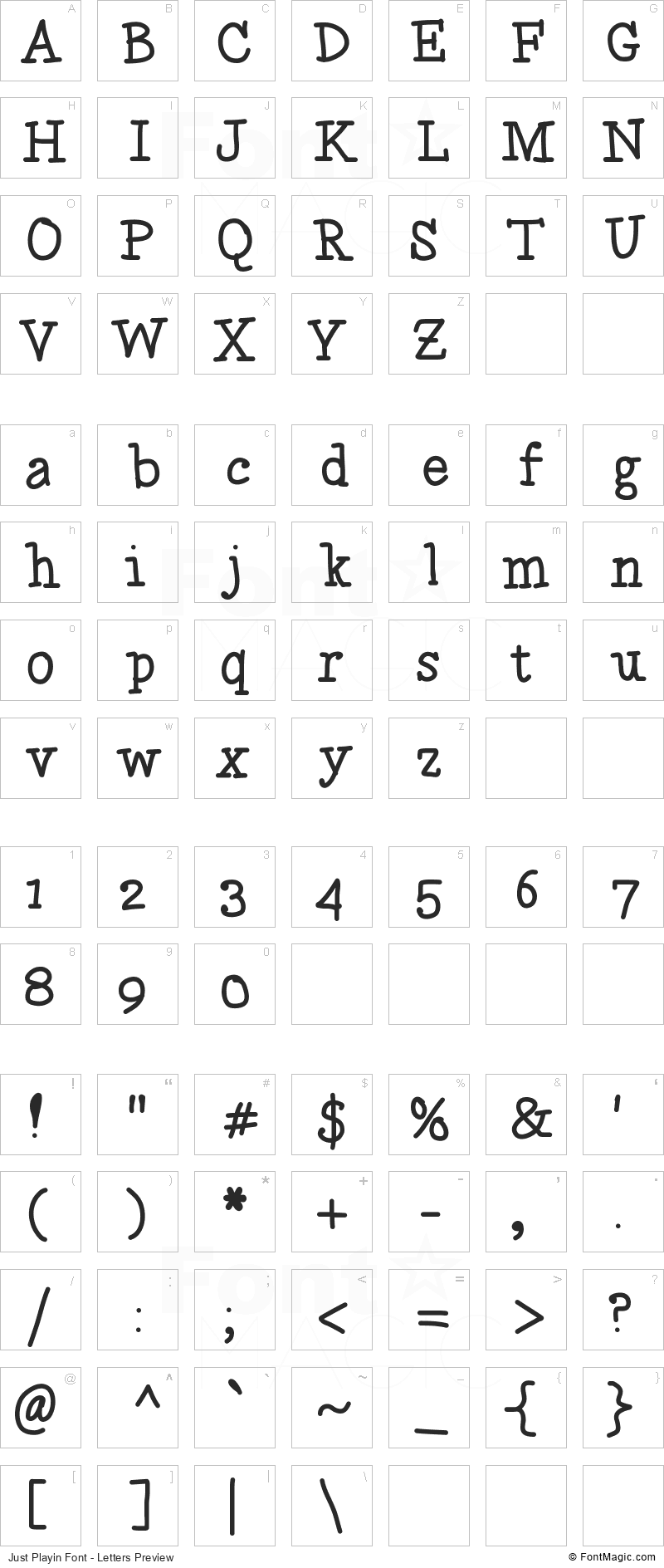 Just Playin Font - All Latters Preview Chart