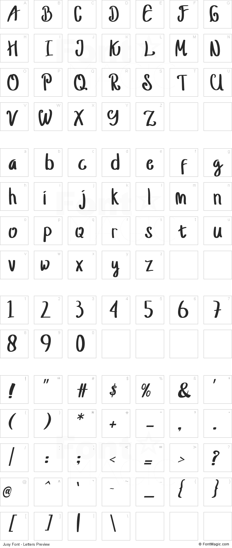 Jusy Font - All Latters Preview Chart