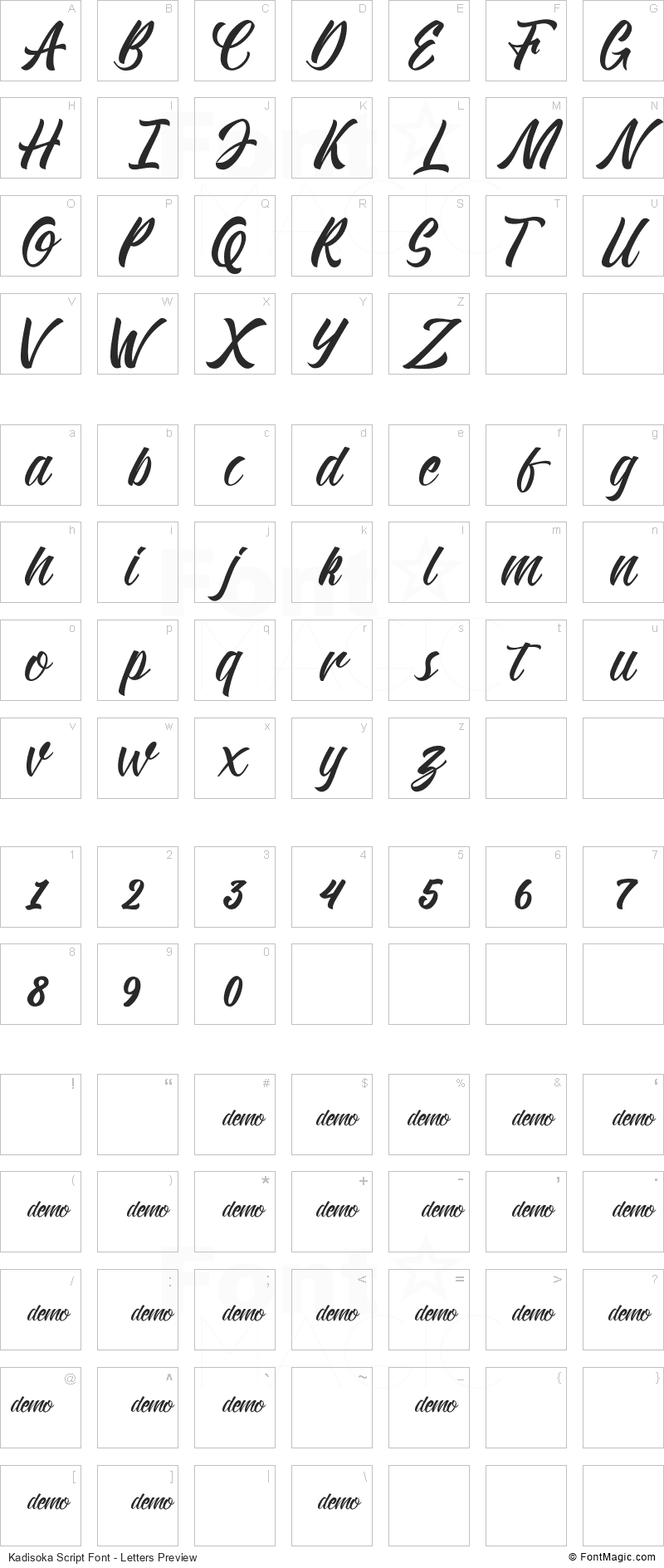 Kadisoka Script Font - All Latters Preview Chart