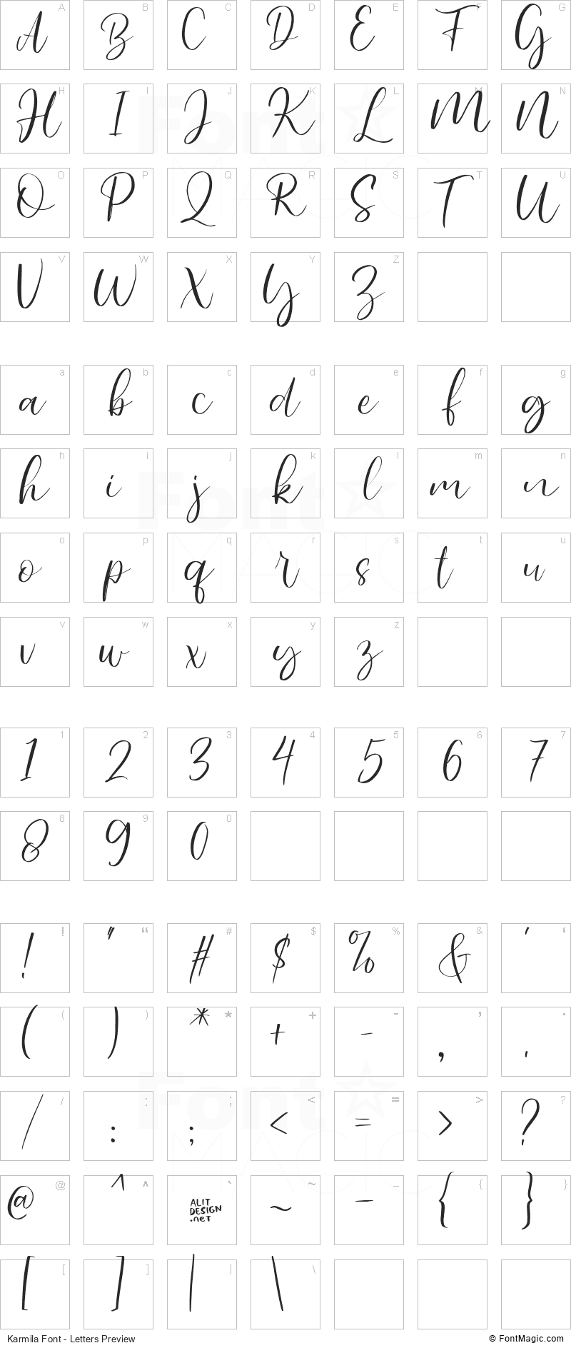 Karmila Font - All Latters Preview Chart