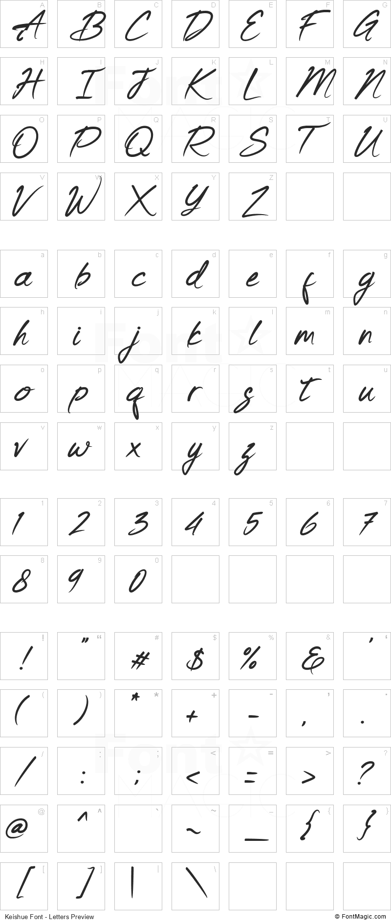 Keishue Font - All Latters Preview Chart