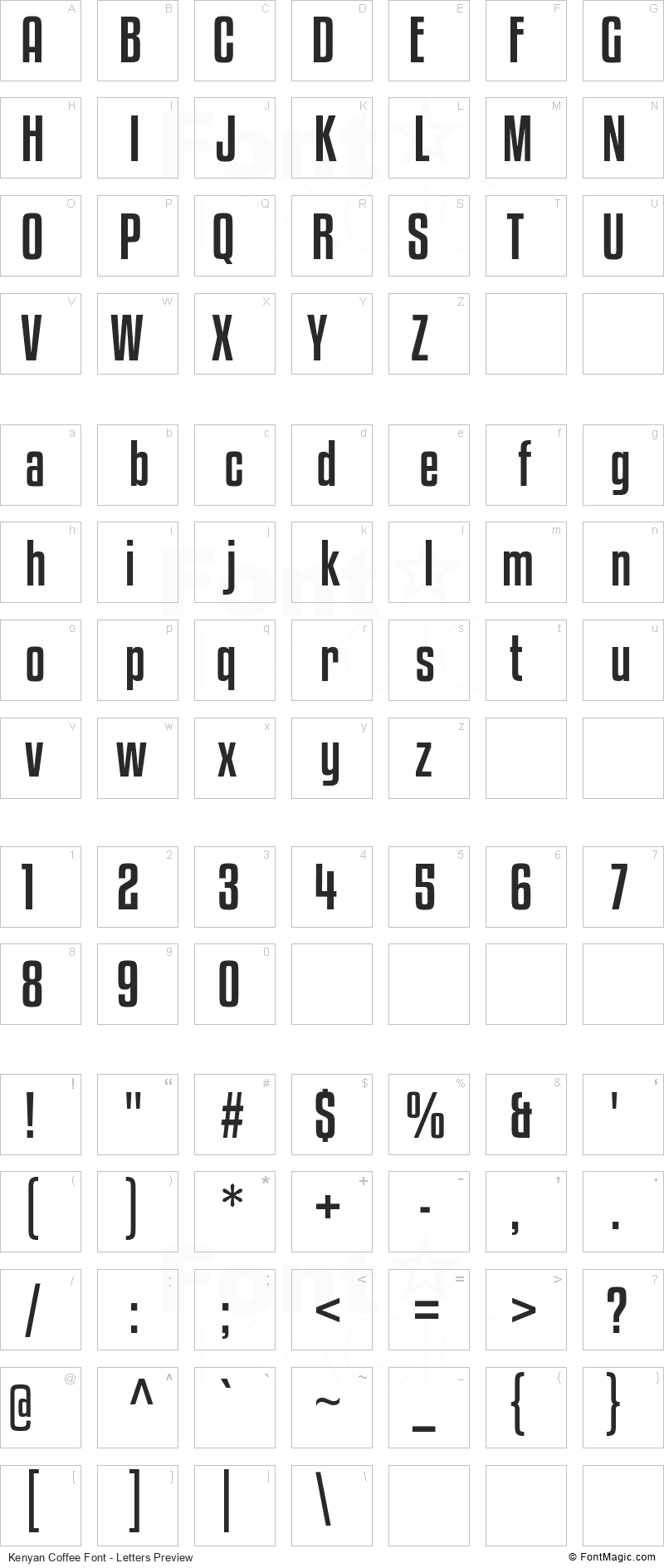 Kenyan Coffee Font - All Latters Preview Chart