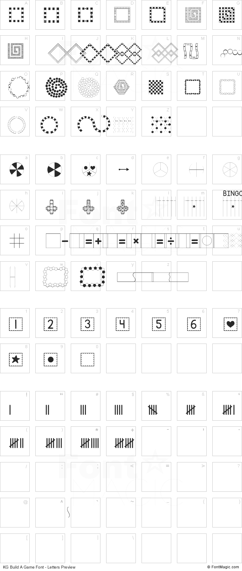KG Build A Game Font - All Latters Preview Chart
