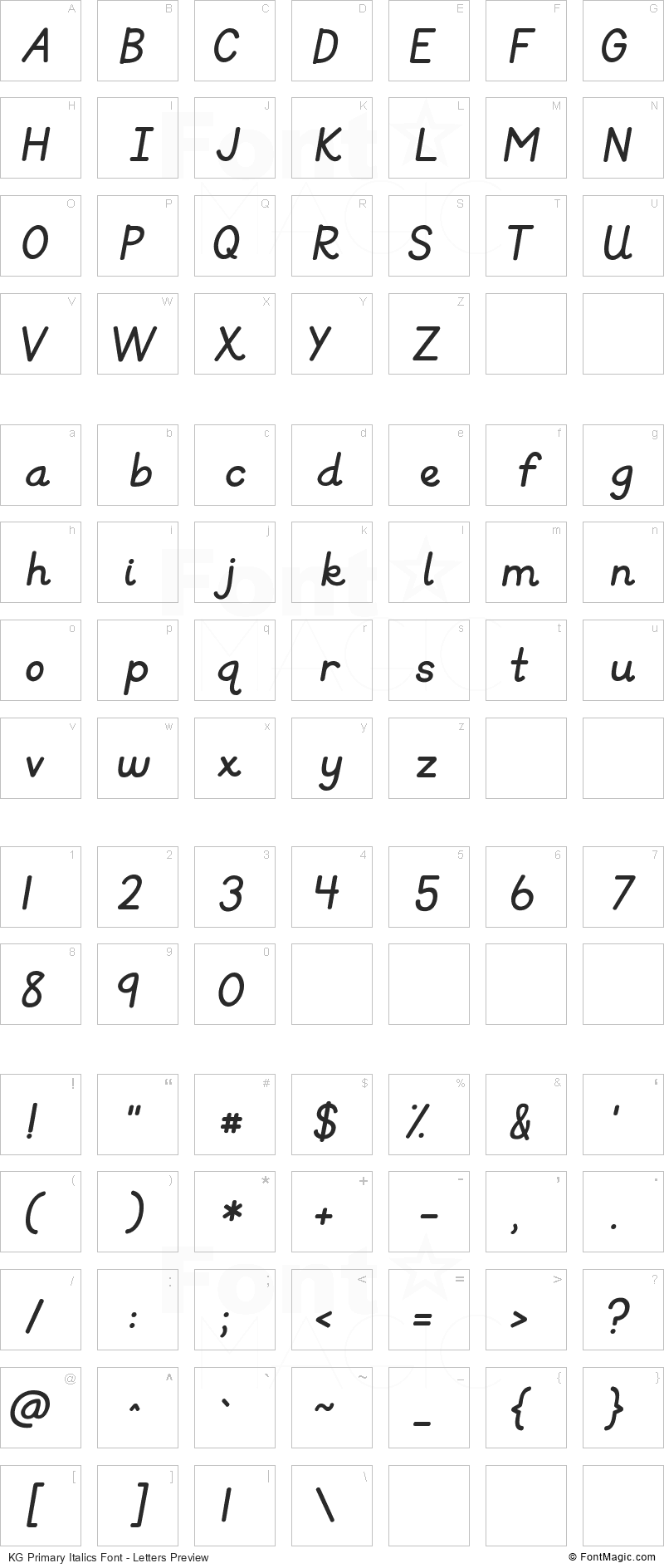 KG Primary Italics Font - All Latters Preview Chart