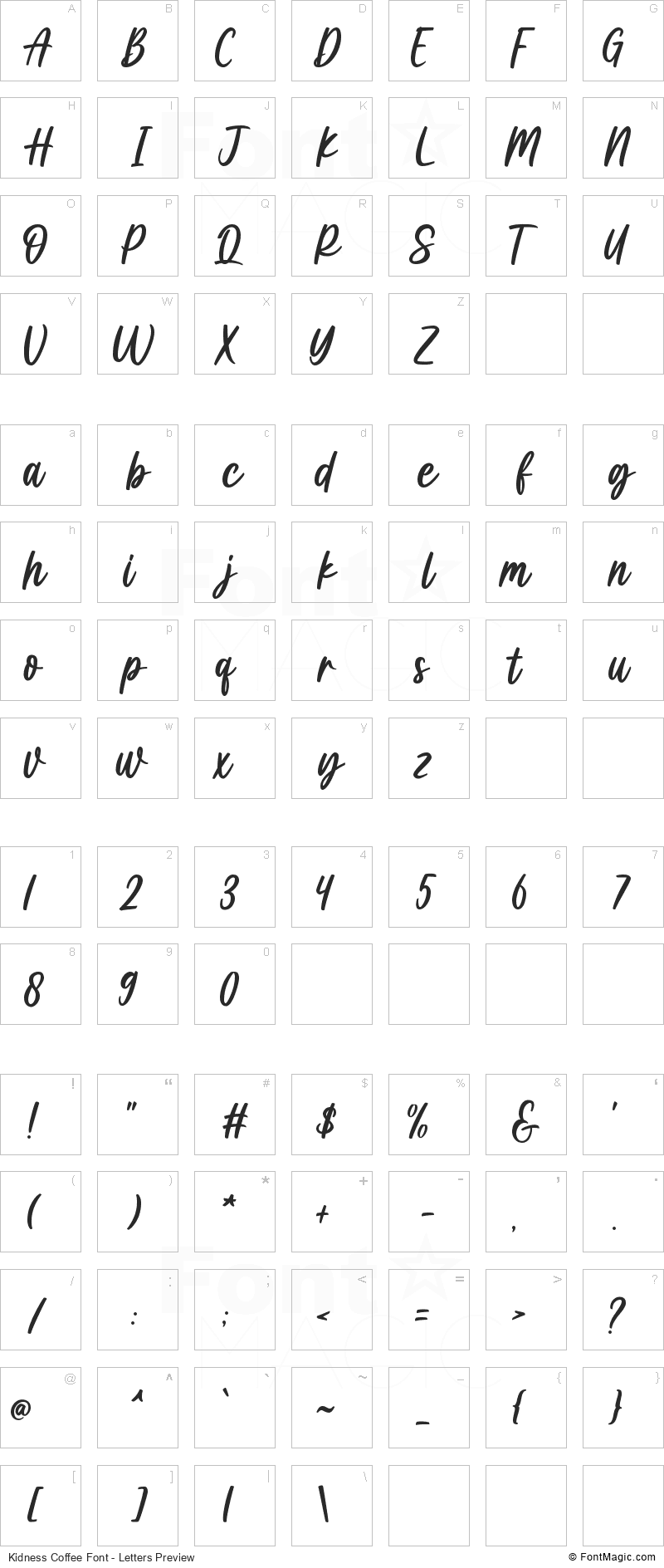 Kidness Coffee Font - All Latters Preview Chart