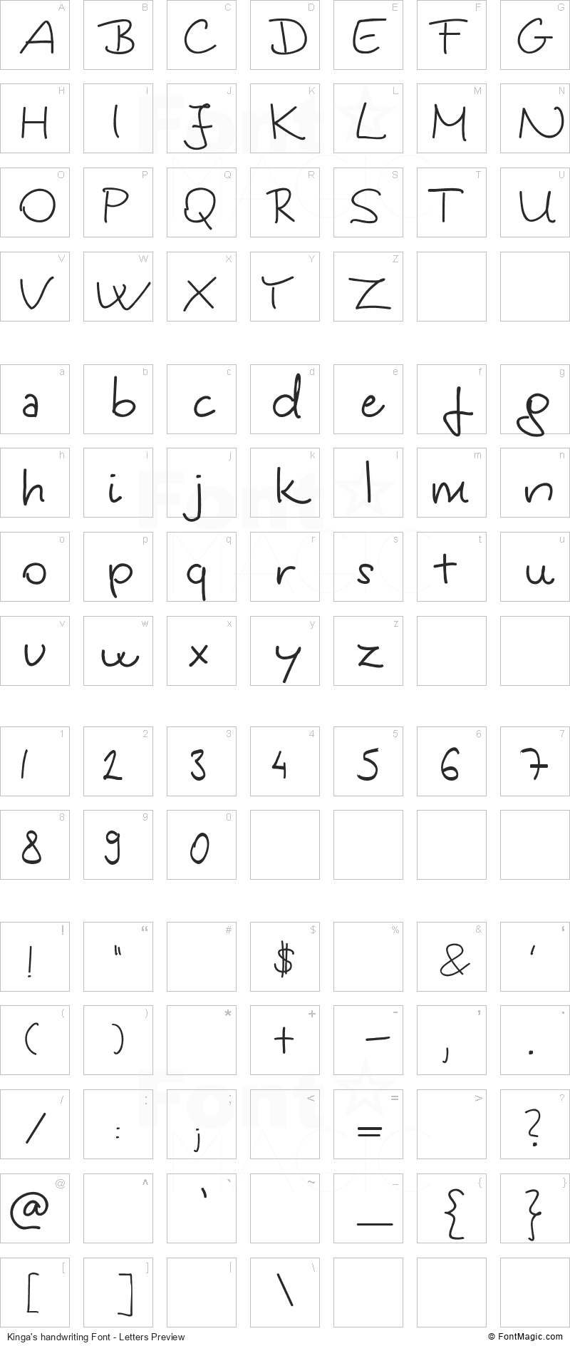 Kinga’s handwriting Font - All Latters Preview Chart