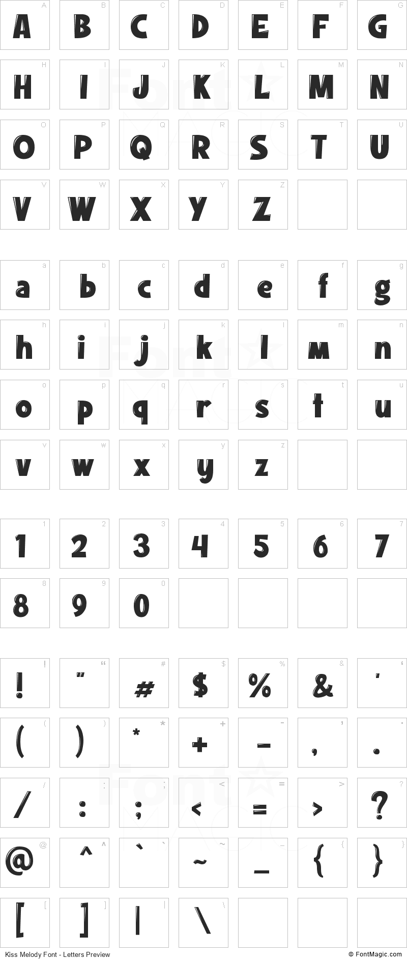 Kiss Melody Font - All Latters Preview Chart