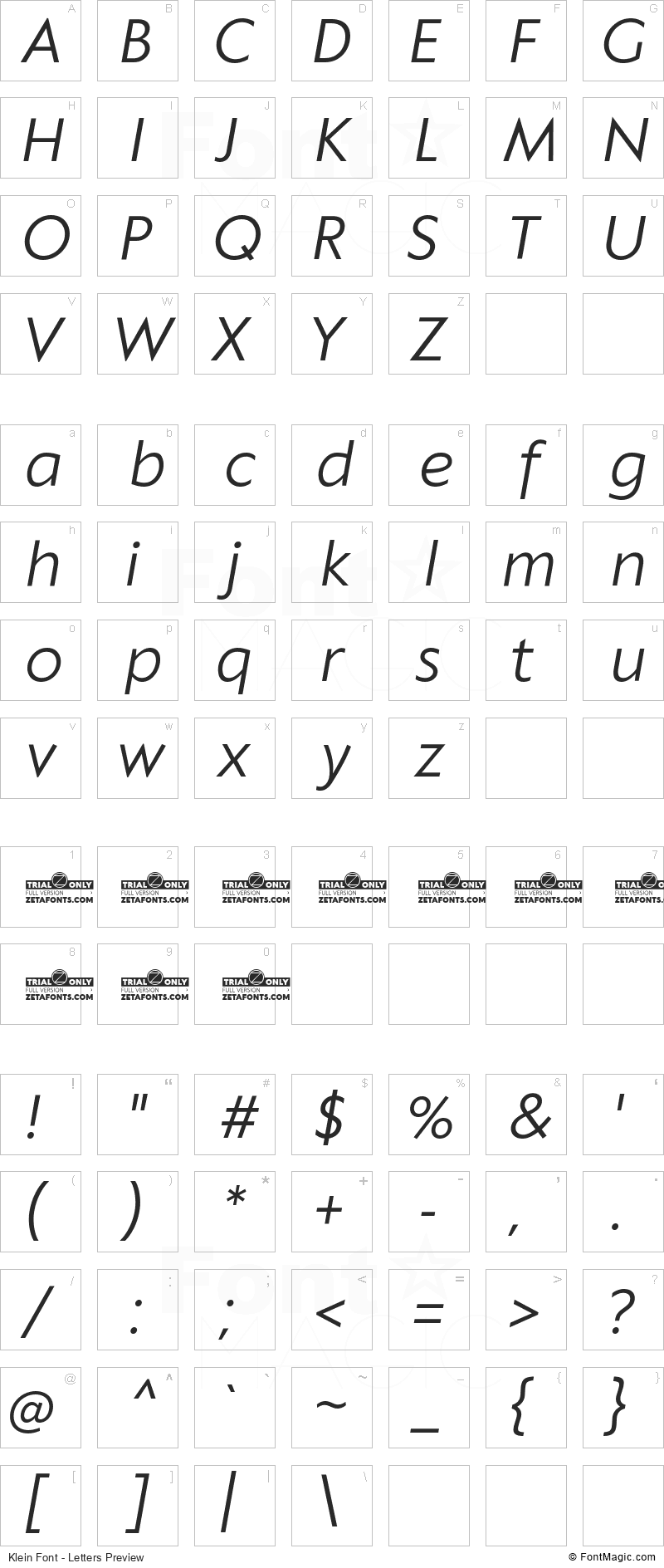 Klein Font - All Latters Preview Chart