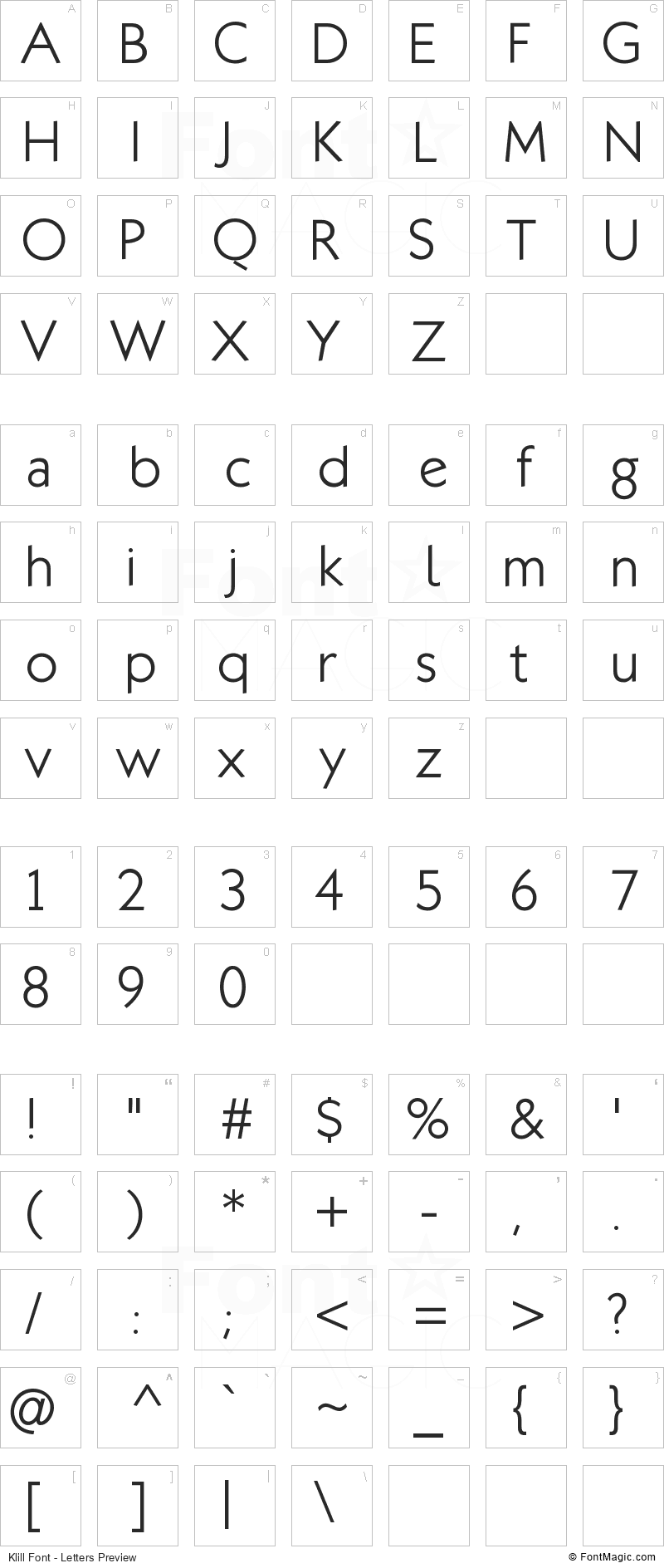 Klill Font - All Latters Preview Chart