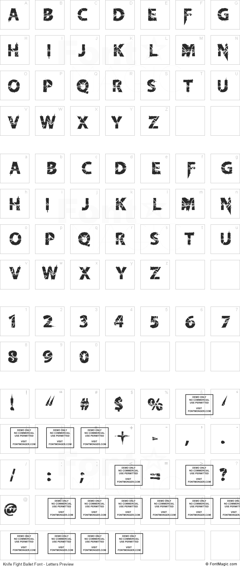 Knife Fight Ballet Font - All Latters Preview Chart